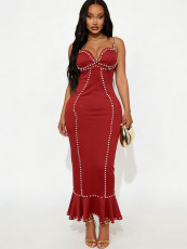 V Neck Beaded Shoulder Strap Maxi Dress GADE-10248