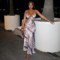 Stripe Print Sling Backless Maxi Dress GJYO-JD305571