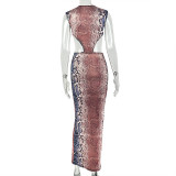 Snake Print Sleeveless Hollow Out Maxi Dress GJYO-JD305572