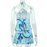 Sexy Print Backless Ruffles Mini Dress GJYO-JD305562