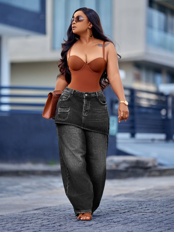 Vintage Faux Two-Piece Wide Leg Jeans SH-391550