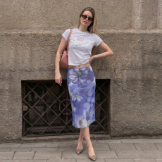 Mesh Contrast Color Print Mid-skirts GPKJ-MR37635