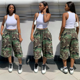 Camouflage Print Wide Leg Fifth Pants SH-391602