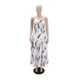 Feather-Print Spaghetti Straps Long Dress GYLY-10611