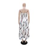 Feather-Print Spaghetti Straps Long Dress GYLY-10611