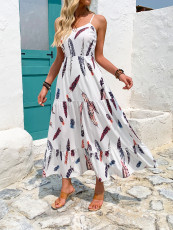 Feather-Print Spaghetti Straps Long Dress GYLY-10611