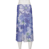 Mesh Contrast Color Print Mid-skirts GPKJ-MR37635