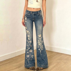 Floral Embroidery Micro Flare Jeans GPKJ-MR49336