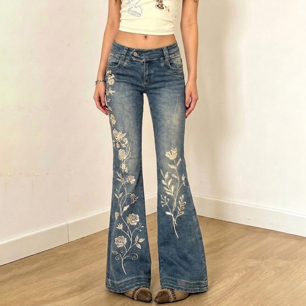 Floral Embroidery Micro Flare Jeans GPKJ-MR49336