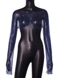 Fishnet Hollow Out Long-Sleeve Rhinestone T-Shirt GZYY-20537