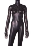 Fishnet Hollow Out Long-Sleeve Rhinestone T-Shirt GZYY-20537
