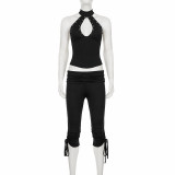 Hollow Out Rivet Halterneck Top Mid-pants Suit GPKJ-MR49645