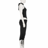 Hollow Out Rivet Halterneck Top Mid-pants Suit GPKJ-MR49645