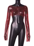 Fishnet Hollow Out Long-Sleeve Rhinestone T-Shirt GZYY-20537