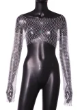Fishnet Hollow Out Long-Sleeve Rhinestone T-Shirt GZYY-20537