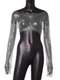 Fishnet Hollow Out Long-Sleeve Rhinestone T-Shirt GZYY-20537