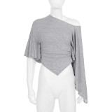 Solid Color Slash Shoulder Irregular T Shirt GPKJ-MR49444