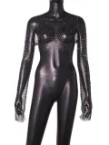 Fishnet Hollow Out Long-Sleeve Rhinestone T-Shirt GZYY-20537