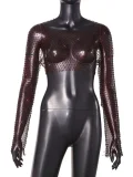 Fishnet Hollow Out Long-Sleeve Rhinestone T-Shirt GZYY-20537