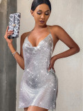 Backless Sequin V Neck Halterneck Mini Dress GZYY-2669
