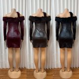 Slash Shoulder Furry Lapel Leather Mini Dress GADE-5474