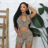Leopard Print Zipper Sleeveless Short Suit GDSF-J26ST283
