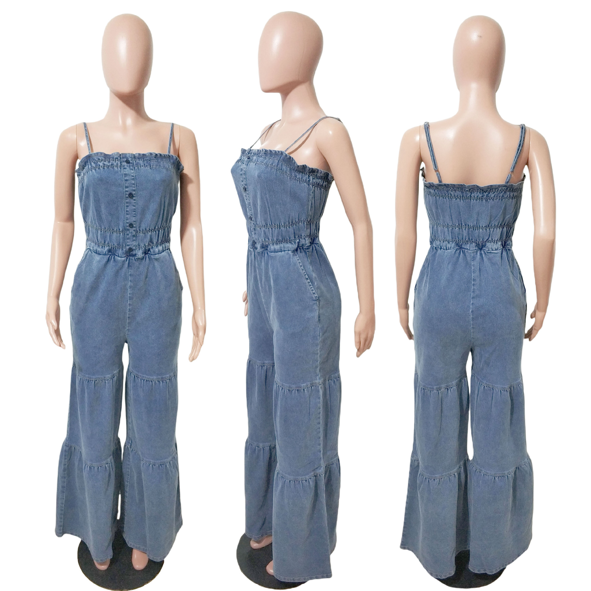 2026 Fashion Spaghetti Straps Denim Jumpsuit LX-8610 | DF - www