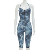 Print Halterneck Zipper Seventh Pants Suit GDSF-C26ST242