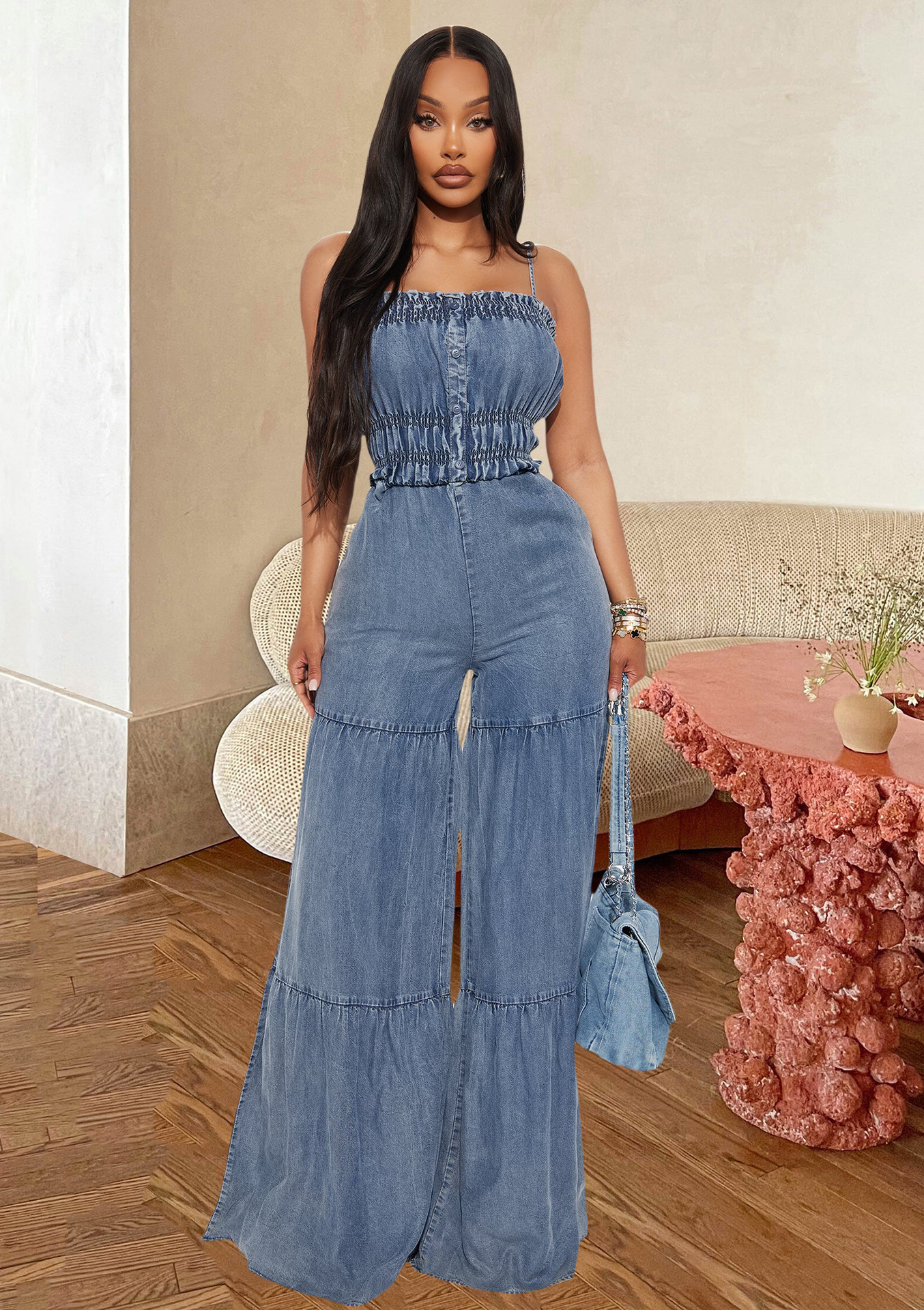 2026 Fashion Spaghetti Straps Denim Jumpsuit LX-8610 | DF - www