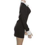 Color Block Lapel Long Sleeve Mini Dress GZJQ-K25D76398