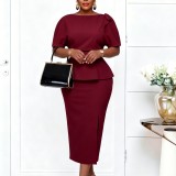 Plus Size Solid Color Short Sleeve Ruffles Midi Dress GATE-638