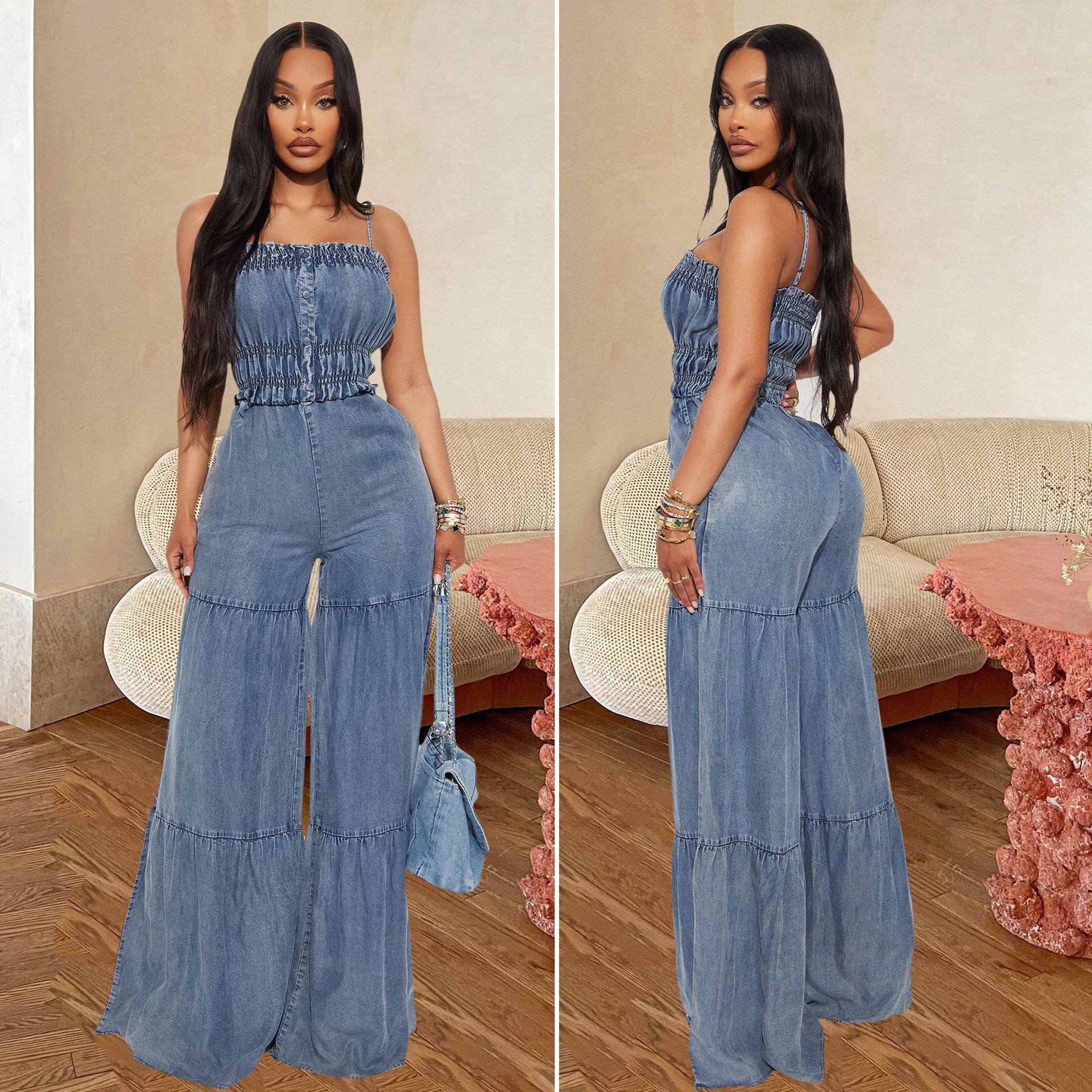 2026 Fashion Spaghetti Straps Denim Jumpsuit LX-8610 | DF - www