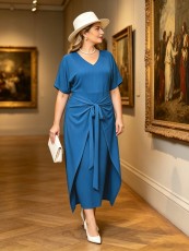 Plus Size Solid Color Tie Up Maxi Dress GAWE-6767