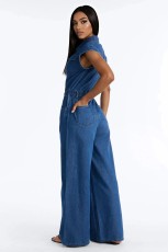 Short-Sleeve Single-Breasted Button Denim Jumpsuit LX-3590