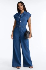 Short-Sleeve Single-Breasted Button Denim Jumpsuit LX-3590