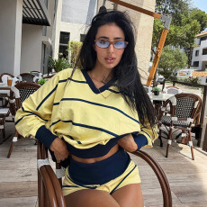 Stripe Print Patchwork Long Sleeve Shorts Suit GZJQ-K6S11536A