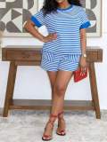 Stripe Short Sleeve Drawstring 2 Piece Shorts Set MIL-L389