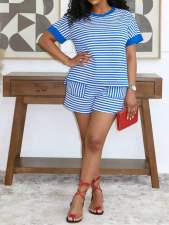 Stripe Short Sleeve Drawstring 2 Piece Shorts Set MIL-L389