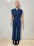 Short-Sleeve Single-Breasted Button Denim Jumpsuit LX-3590