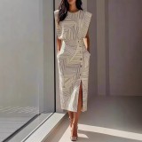 Sleeveless Print Top Split Skirt 2 Piece Set GXBQ-88136