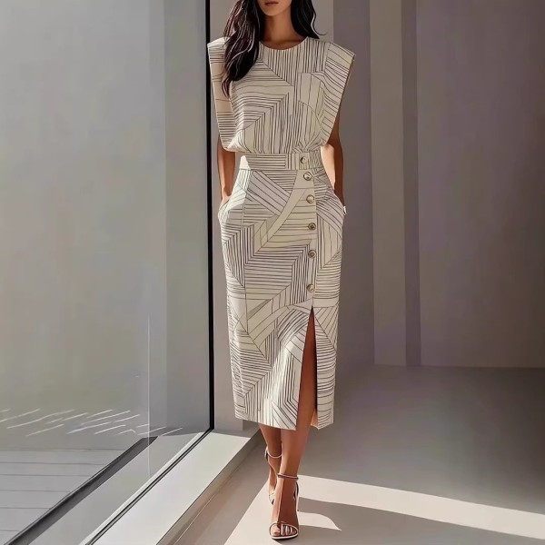 Sleeveless Print Top Split Skirt 2 Piece Set GXBQ-88136