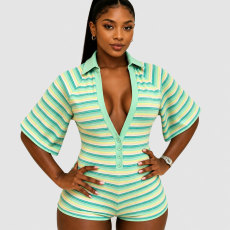 Stripe Deep V Neck Romper GTGE-MH1038