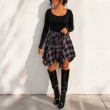 Solid Long Sleeve Top Irregular Print Skirt Suit HNIF-HN104
