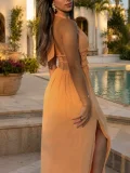 Deep V Neck Backless Split Maxi Dress HNIF-TY040