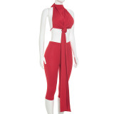 Solid Color Twisted Top Seventh Pants Suit GSZM-D26ST269