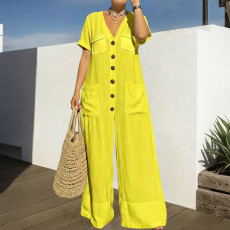 Plus Size Solid Color Short Sleeve Casual Jumpsuit NNWF-8175