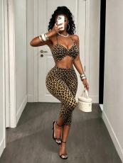 Leopard Print Halterneck Top Seventh Pants Suit GFCF-1505