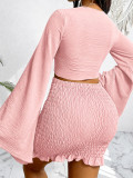 Long Sleeve Tie Up Mini Skirt 2 Piece Set HNIF-SY045