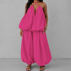 Plus Size Solid Color Sling Loose Backless Pants Suit NNWF-8193