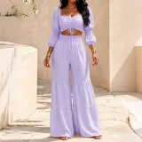 Puff-Sleeve Crop Top Ruffles Pants 2 Piece Set HNIF-YM075